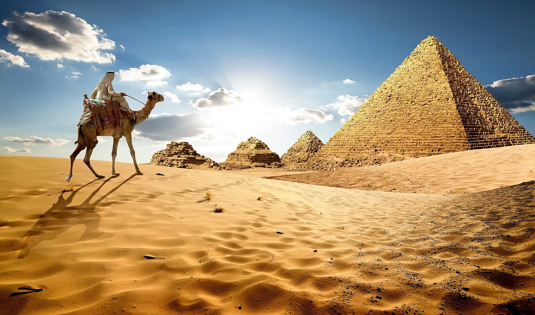Bedouin on camel near pyramids in desert